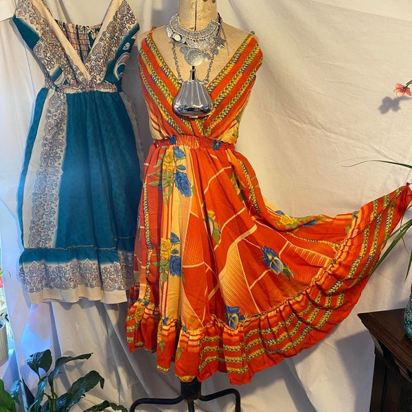 Tropical orange fairy core Curve recycle sari ruffle layer mini dress handmade fair trade bohemian hippy festival plus fit size 12-20