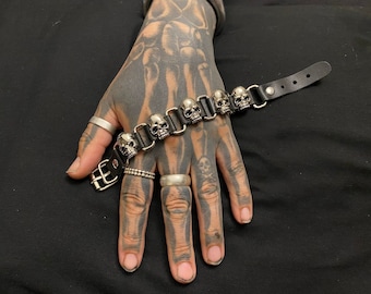 5 Skulls Biker Goth Punk Tattoo rock n roll leather buckle wristband cuff bangle bracelet gender neutral tattoo art viking metal birthday