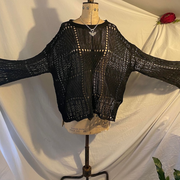 Crochet patchwork Vegan knit black punk rock gothic jumper top One Size unisex mall goth witchy festival alternative death rock cottagecore