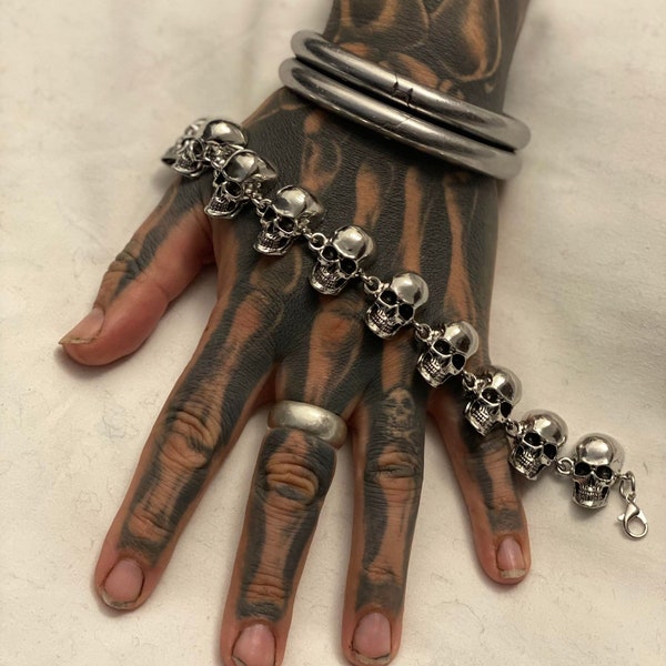 Legendary 10 Skulls Biker Goth Punk Tattoo rock n roll wristband cuff bangle bracelet gender neutral tattoo viking metal rock star gift