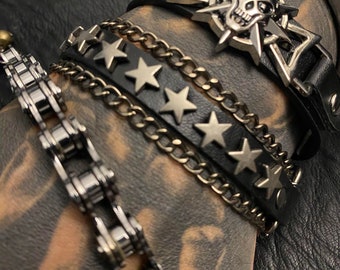8 star double chain Goth Punk Tattoo glam rock n roll vegan leather wristband cuff bangle bracelet gender neutral tattoo art punk metal