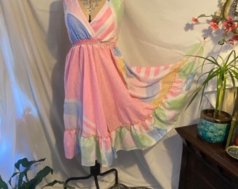 Candy pastel tones retro 80s fairy core Curve recycle sari ruffle layer mini dress handmade fair trade  hippy festival plus fit size 12-20