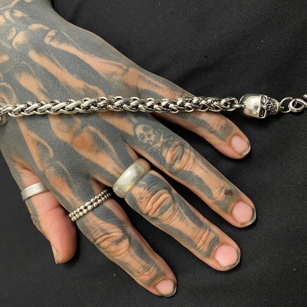 Chunky Skull capped chain Biker Goth Punk Tattoo rock n roll wristband cuff bangle bracelet gender neutral tattoo  viking metal fathers day