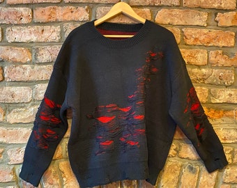 Distressed Punk rock shred Red knit Cozy Goth black vegan rebel attitude death rock winter warm jumper one size Unisex Alt Valentine sweater