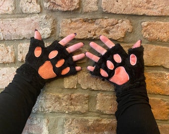 Oh you kitty thing! Lucky black cat kitten mittens fingerless gloves paw hand warmers goth punk anime kawaii Valentines gift  cozy cute