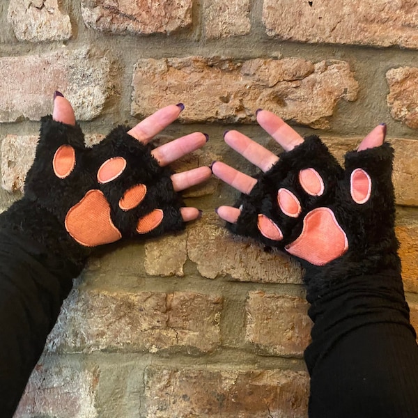 Oh you kitty thing! Lucky black cat kitten mittens fingerless gloves paw hand warmers goth punk anime kawaii Valentines gift  cozy cute