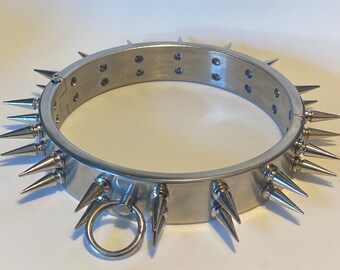 Double row spiked customisable Solid Heavy hinged Stainless steel fully locking Slave collar punk rock with o ring kink fetish gay interest