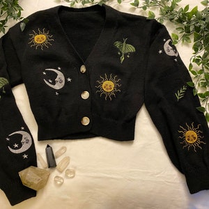 Sun Moon Celestial embroidered pixie goth forest fairycore cottagecore Vegan knit black cardigan top One Size unisex Festival knit  12 14 16