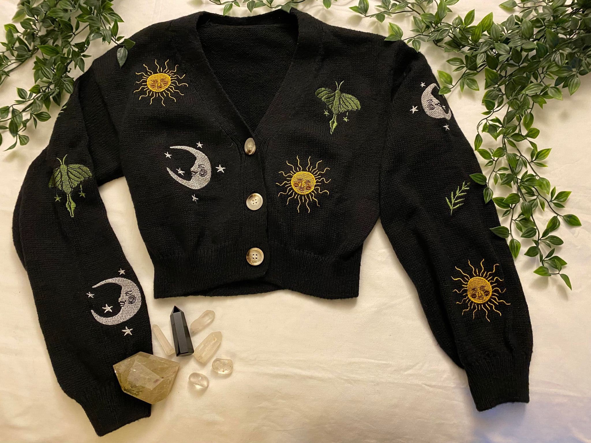 Sun Moon Celestial embroidered pixie goth forest fairy core Vegan knit black button up cardigan top One Size unisex Valentine cozy 12 14 16