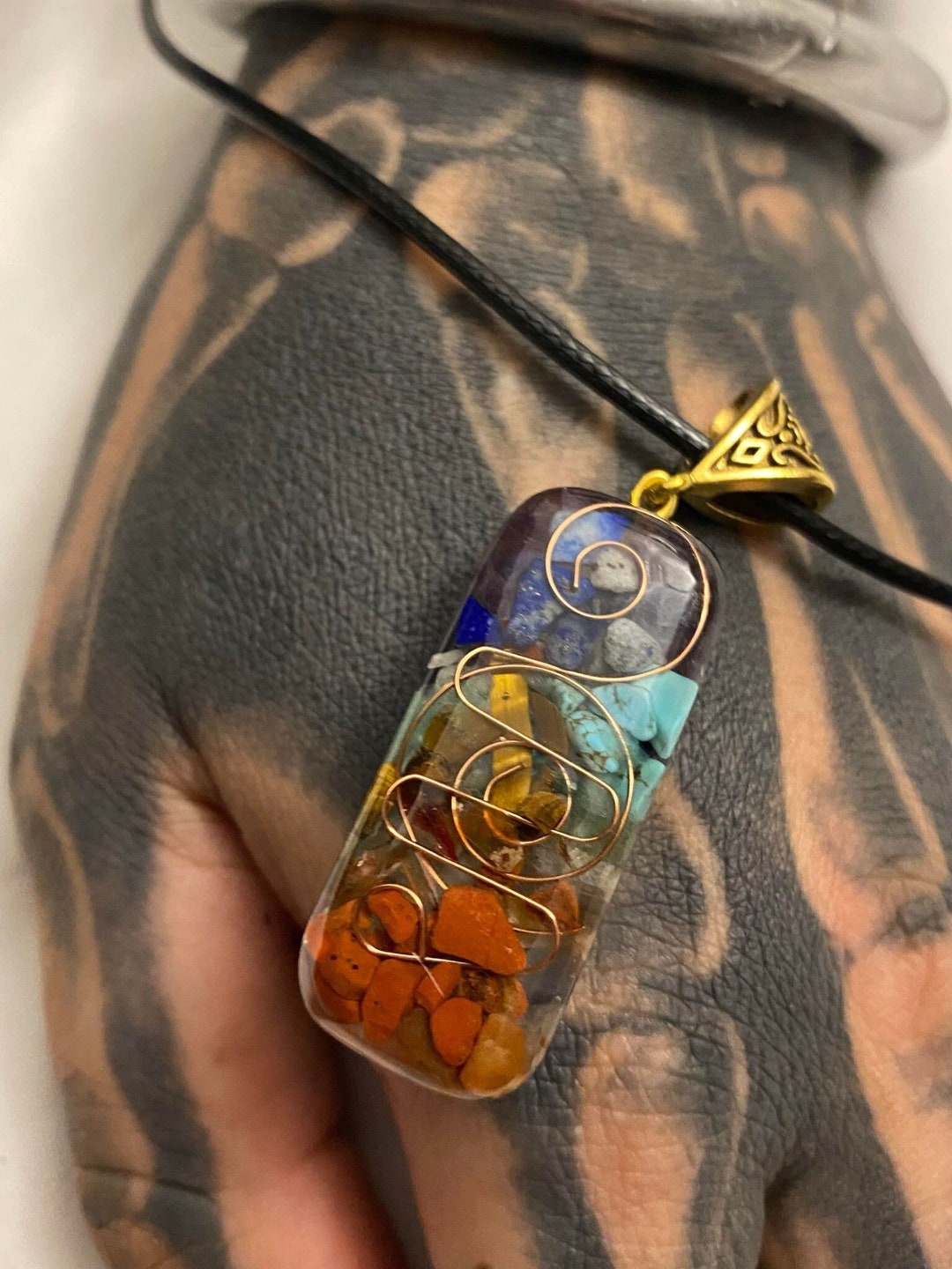 7 Chakra Necklace Crystal Pendant EMF Protection Copper Coils Choker