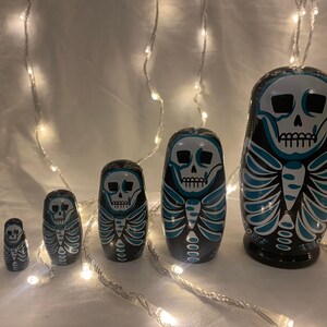 Goth Punk Macabre Homewears Hand painted wooden set of five Skeleton Russian Nesting dolls haunted home ornamental boxes boho alternative