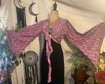 Hot pink & silver bell sleeve wrap tie front top shrug Boho hippy cottage fairy core sari handmade Christmas floaty cover up one size