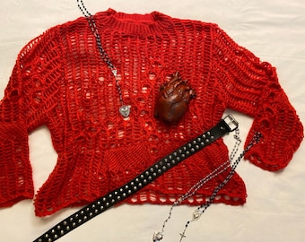 Punk Rock Valentine Rebel Red Chaos crochet short length Vegan knit goth jumper top One Size unisex mall goth cobweb alternative death rock
