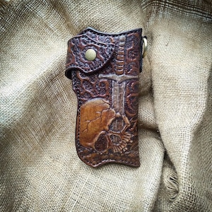 Cartera de cuero con calavera, Cartera de cuero espeluznante de monstruo, Cartera de motorista esqueleto, Cartera de cuero de motocicleta, Cartera de calavera tallada, Cartera con herramientas