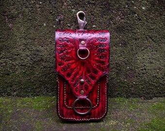 Handmade Tooled Leather Belt Pouch: Viking Carving Hip Bag