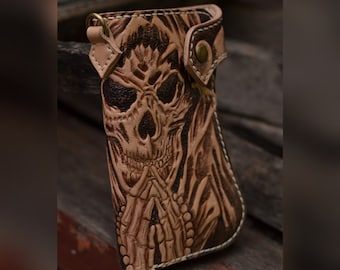 Carved skull biker wallet, mens leather long wallet, hand tooled wallet chain, gift for him