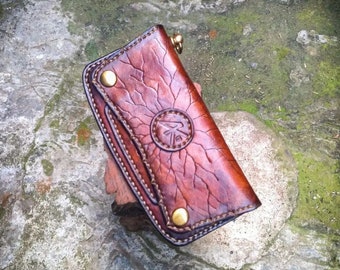 Motorcycle leather wallet, Trucker wallet, Leather biker wallet, Cowboy wallet for men, Long leather wallet, Wood wallet, Stitched wallet