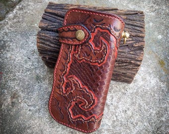Handmade Leather Viking Biker Wallet: Carved Long Bifold