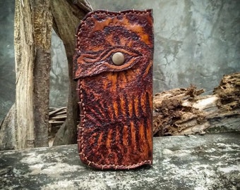 Handmade Carved Leather Biker Wallet: Skull Monster Trucker Style