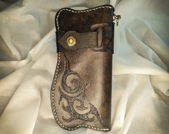 Carteras de motociclista para hombre, Cartera negra para hombre, Cartera de cuero estilo camionero, Cartera de cuero repujado