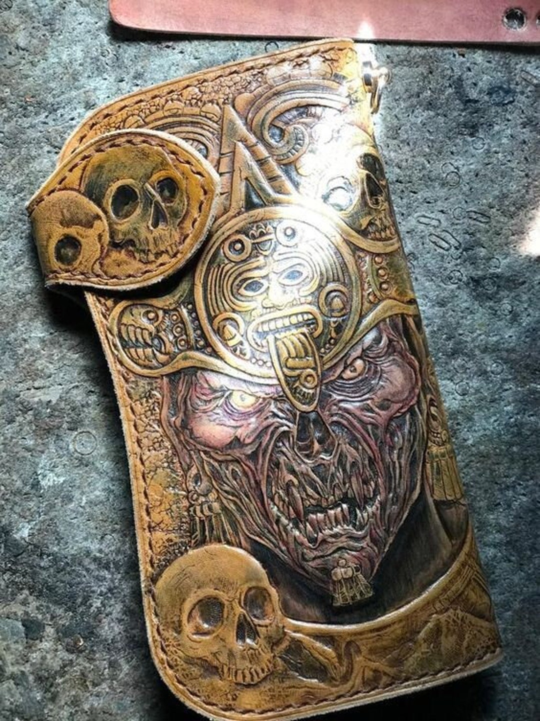 Aztec Wallet Men, Leather Skull Wallet, Tooled Scary Wallet, Carved ...
