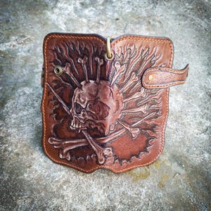 Cartera de cuero con calavera tallada, cartera larga con diseño de vikingo espeluznante de monstruo, cartera de motociclista con esqueleto, cartera de hombre de motocicleta, cartera de camionero con herramientas, regalos
