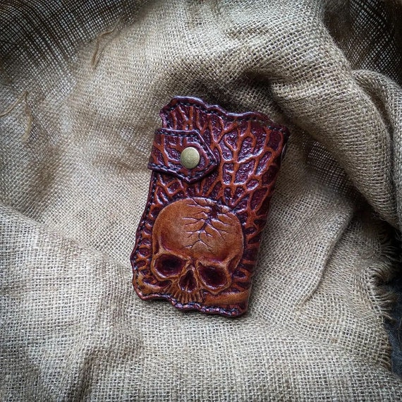 Handmade Tooled Leather Trucker Wallet: Carved Skull Biker Wallet