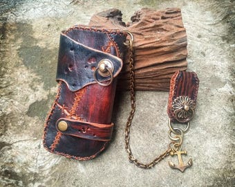 Handmade Vegtan Leather Bifold Wallet: Viking Motor Biker Carved Wallet