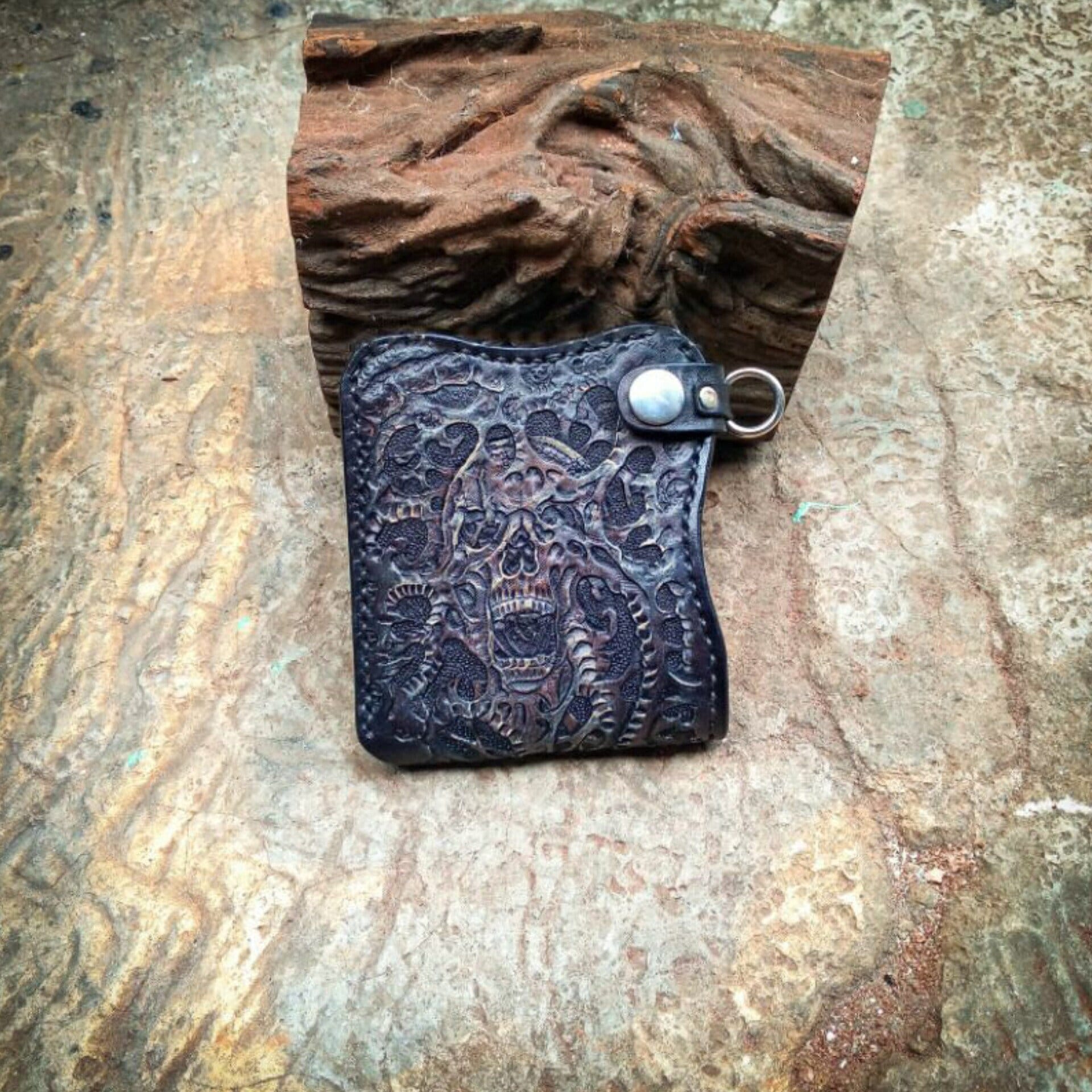 Handmade Carved Skull Leather Bifold Wallet: Spooky Biker Style