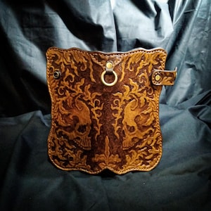 Carved skull leather wallet, Monster spooky leather long wallet, Skeleton biker wallet, Motorcycle leather wallet, Tooled mens wallet, Gifts