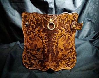 Carved Skull Leather Biker Wallet: Hand-Tooled Long Wallet