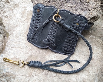 Handmade Black Leather Biker Wallet: Woven Chain, Vintage Style