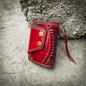 Cartera de cuero tejido, Cartera roja única, Cartera de motociclista plegable, Cartera de camionero, Cartera de motorista, Cartera de hombre, Cartera clásica mediana hecha a mano