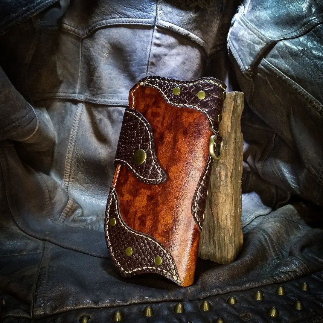 Leather carved long wallet, Handmade motorcycle wallet, Biker wallet, Trucker wallet, Mens wallet, Tooled wallet, Vintage wallet, Gifts