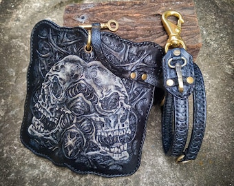 Handmade Carved Skull Leather Long Wallet: Biker Chain Wallet