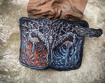 Handmade Carved Leather Biker Wallet: Spooky Monster Skull Design