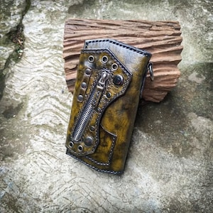 Cartera de cuero natural verde única, Cartera de motociclista larga hecha a mano, Cartera con cremallera para hombre, Cartera de camionero con herramientas, Cartera rústica, Regalos