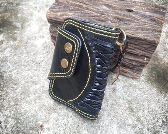 Handmade Black Woven Leather Bifold Wallet: Biker Trucker Style