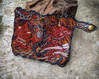 Handstitched Leather Biker Wallet: Samurai Dragon Monster Design