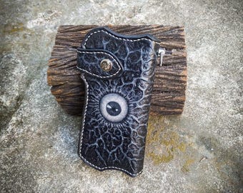 Carved Leather Biker Wallet: Evil Eye, Skull, Skeleton - Handstitched