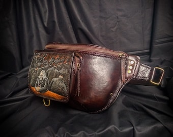 Handmade Leather Carved Waist Bag: Brown Tooled Biker Crossbody