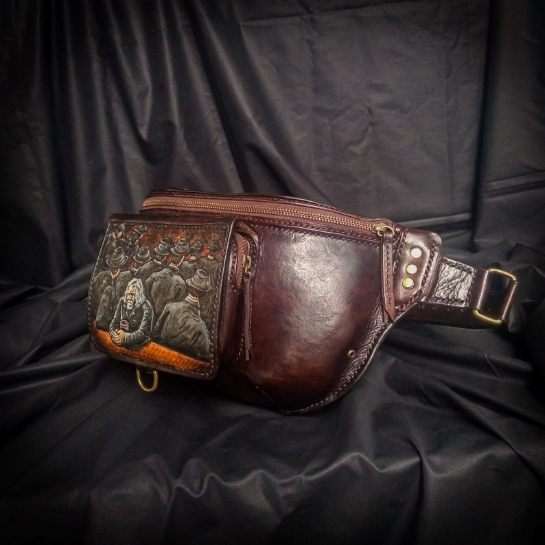 Leather Carved Brown Custom Waist Bag, Tooled Fanny Pack for Men, Leather Brown Biker Crossbody Bag, Bum Bag Handmade Leather Sling Bag image 1