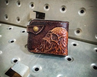 Unique skull scary bifold wallet, Biker small wallet for men, Motor wallet and card holder, Handmade carved leather wallet, Classic wallet