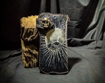 Handcrafted Leather Carved Skull Biker Wallet, Unique Motorcycle Rider's Wallet, Black Leather Custom Stylish Motorcycle Wallet,Scary wallet