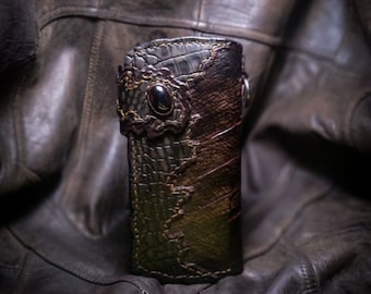 Monster biker leather wallet, carved leather biker wallet chain, handmade leather long wallet, chain wallet handmade leather