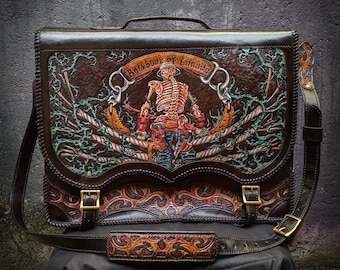 Handmade Tooled Leather Laptop Bag: Custom Carved Briefcase