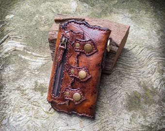 Handmade Leather Bifold Wallet: Viking Motor Biker Carved Wallet