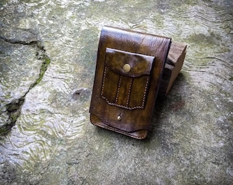 Hand Carved Leather Phone Belt Pouch: Vegtan Saddle Case