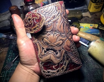 Samurai Dragon Japanese Carved Leather Medium Wallet, Samurai Japan Warrior Battle Skull Wallet for Men, Custom Biker Motor Wallet, Gifts