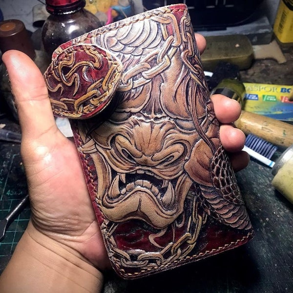 Cartera mediana de cuero tallado japonés Samurai Dragon, Samurai Japan Warrior Battle Skull Wallet para hombres, Custom Biker Motor Wallet, regalos